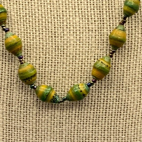 Green Yellow Rolled Paper Necklace Blue Purple Iridescent Seed Bead - Picture 5 of 8
